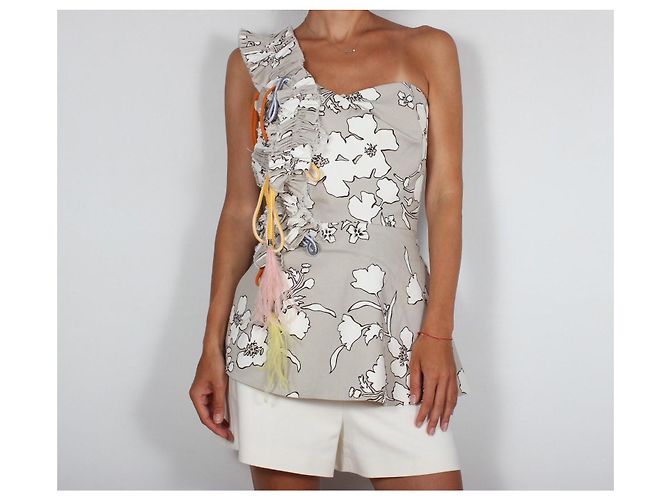 Autre Marque The Coat One-Shoulder-Top mit Blumenprint und Federn Weiß Mehrfarben Grau - Ansicht 3