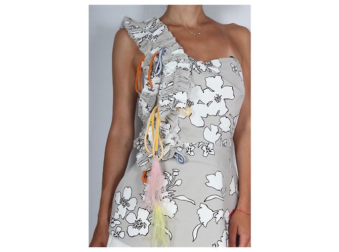 Autre Marque The Coat One-Shoulder-Top mit Blumenprint und Federn Weiß Mehrfarben Grau - Ansicht 4