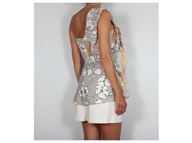 Autre Marque The Coat One-Shoulder-Top mit Blumenprint und Federn Weiß Mehrfarben Grau - Ansicht 7