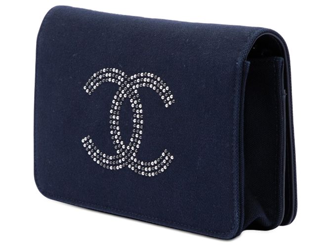 Wallet On Chain Portafoglio con catena in tela decorato con cristalli Chanel Blue Paris Shanghai Blu navy - vista 2