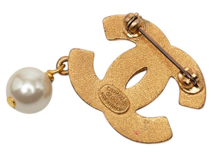 Spilla Chanel Gold CC placcata oro con strass e perle finte D'oro - vista 2