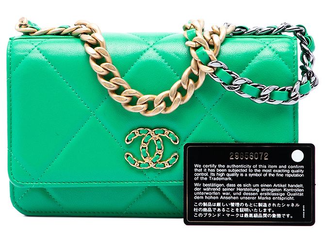 Wallet On Chain Portafoglio con catena 19 in agnello trapuntato verde Chanel - vista 7