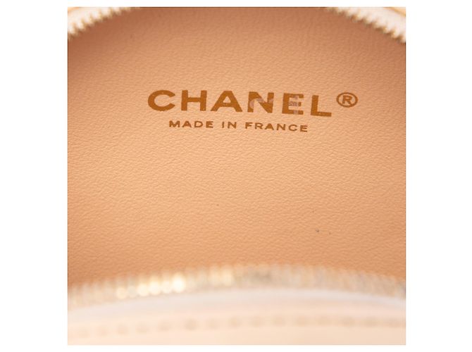 Borsa a tracolla rotonda Chanel in pelle di vitello beige con cuciture, logo, strass e catena di perle - vista 5