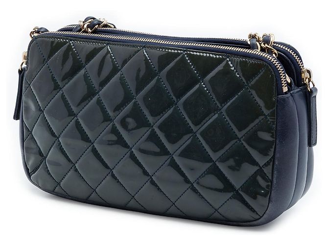 Chanel Blue Quilted Patent CC Crown Double Zip Crossbody Bleu Bleu Marine - vue 2
