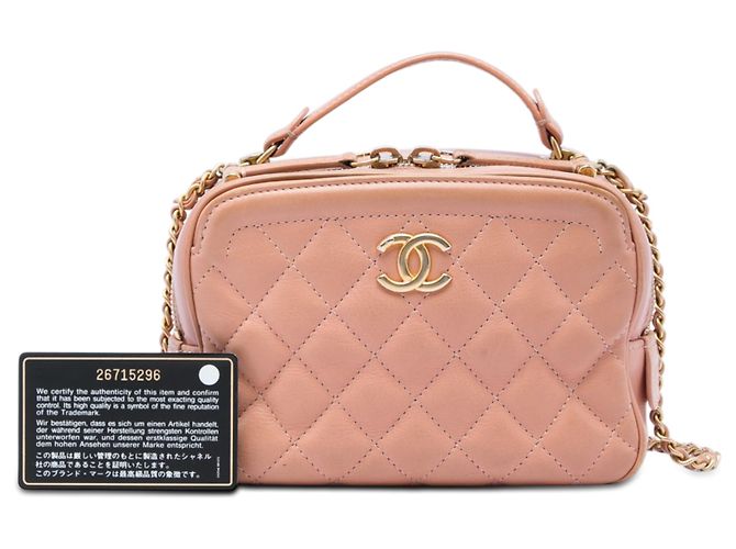Vanity Beauty case Chanel CC trapuntato in pelle di vitello rosa, piccolo, con manico e catena - vista 6