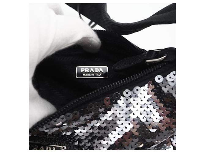 Borsa Hobo Prada Nylon Re-Edition Sequin Nero Argento - vista 10