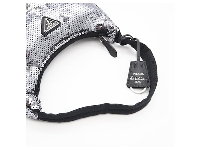 Borsa Hobo Prada Nylon Re-Edition Sequin Nero Argento - vista 3