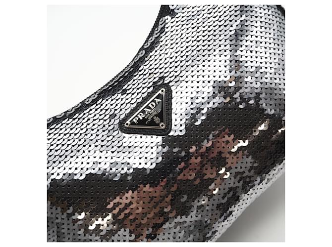 Borsa Hobo Prada Nylon Re-Edition Sequin Nero Argento - vista 8