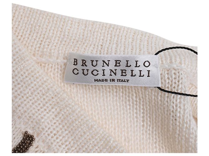 Brunello Cucinelli Monili Pailletten Strickoberteil aus weißem Leinen Roh - Ansicht 5