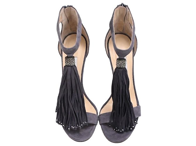Sandali con tacco Viola di Jimmy Choo in camoscio grigio con nappe - vista 5