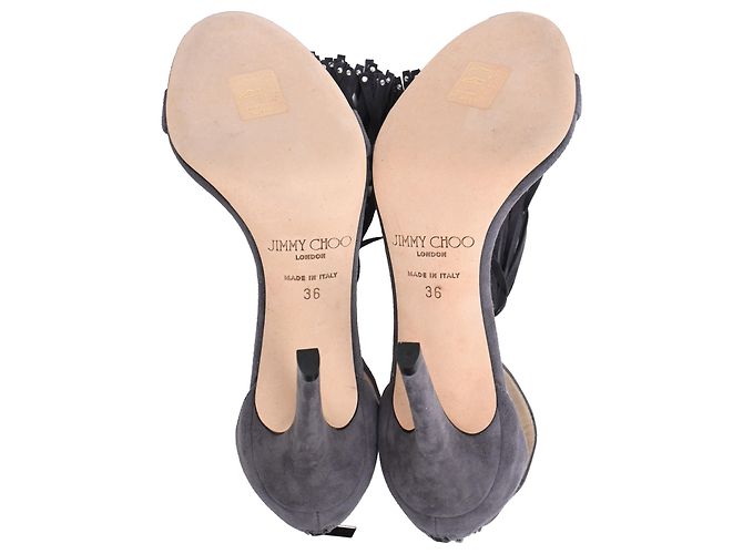 Sandali con tacco Viola di Jimmy Choo in camoscio grigio con nappe - vista 6