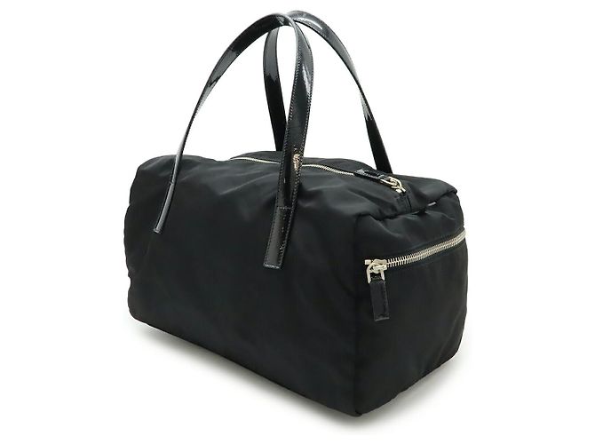 Borsa in nylon e pelle verniciata con logo Triangle Prada Nero - vista 2