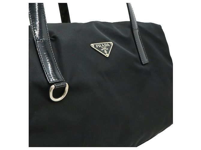 Borsa in nylon e pelle verniciata con logo Triangle Prada Nero - vista 8