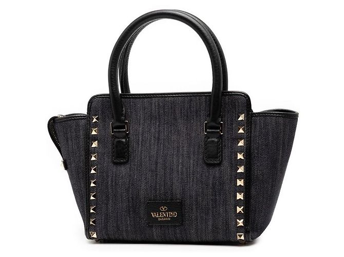 Borsa 2way in denim e pelle Rockstud Valentino Nero Blu - vista 2