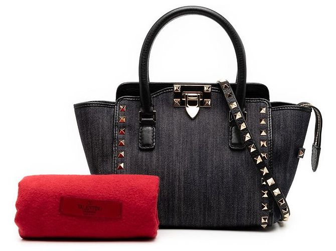 Borsa 2way in denim e pelle Rockstud Valentino Nero Blu - vista 7