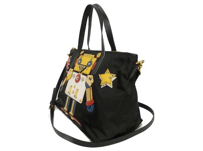 Borsa Tote Prada Tessuto Robot Applique Nero - vista 2