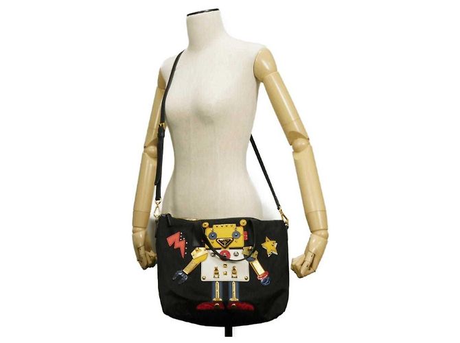 Borsa Tote Prada Tessuto Robot Applique Nero - vista 4