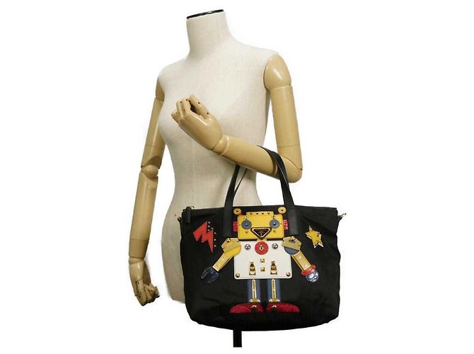 Borsa Tote Prada Tessuto Robot Applique Nero - vista 5