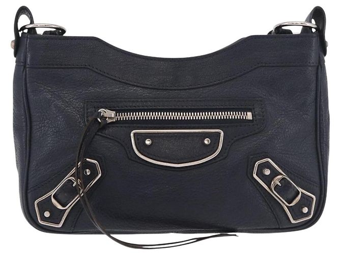 BALENCIAGA Borsa a Spalla Hip Metallic Edge in Pelle Navy Silver Auth 189871A Argento Blu navy - vista 13