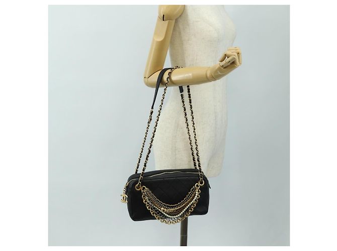 CHANEL Borsa All About Chain Matelasse in pelle di agnello nera e oro CC Auth 189115SM Nero D'oro - vista 27