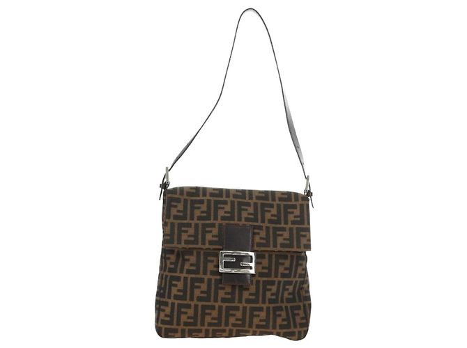 FENDI Zucca Canvas Mamma Baguette Shoulder Bag Black Brown Auth 189187V Marrone Nero - vista 13