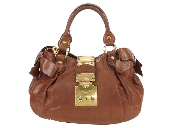 Borsa a mano Miu Miu Side Ribbon in pelle 2way Brown Gold Auth bs35815V Marrone D'oro - vista 13