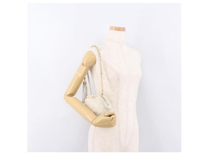 CHANEL Bolso Cinturón con Cadena de Piel de Cordero Blanco Oro CC Auth 189310A Dorado - vista 25
