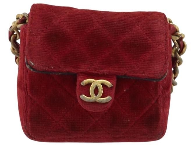CHANEL Mini Mini Matelasse 7 Chain Shoulder Pouch Velor Red Gold CC Auth 189515 Rosso D'oro - vista 13