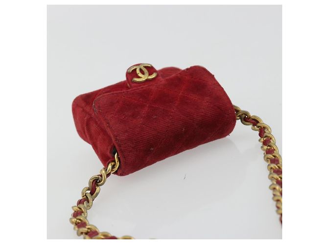 CHANEL Mini Mini Matelasse 7 Chain Shoulder Pouch Velor Red Gold CC Auth 189515 Rosso D'oro - vista 6