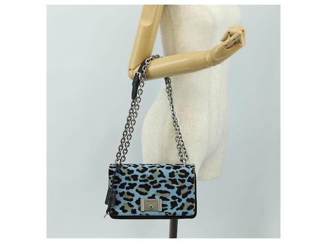 Borsa a Spalla con Catena PRADA in Pelle di Vitello Light Blue Silver Auth 189257V Argento Blu chiaro - vista 34