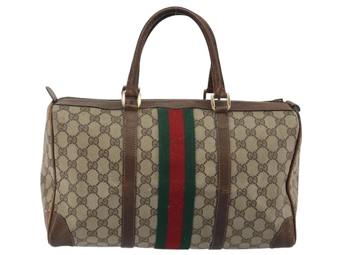 Bolsa de mão GUCCI GG Supreme Web Sherry Line PVC Bege Ouro Auth 187823 Dourado - vista 2