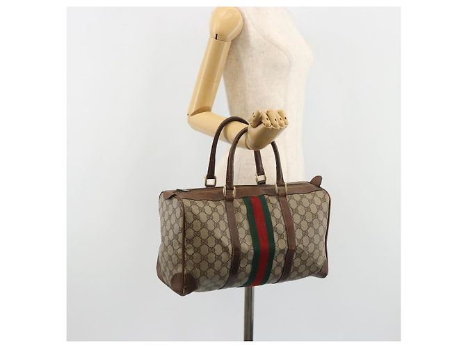Bolsa de mão GUCCI GG Supreme Web Sherry Line PVC Bege Ouro Auth 187823 Dourado - vista 22