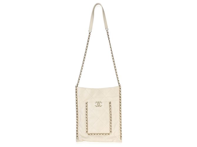 Tote plana Chanel White Quilted Calfskin Small Chain Beige - vista 8