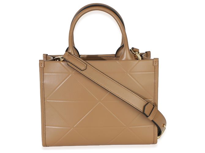 Mini tote Prada in pelle di vitello morbida beige scuro Triangolo Symbole Marrone - vista 2