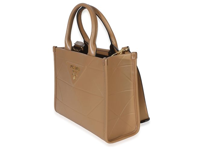 Mini tote Prada in pelle di vitello morbida beige scuro Triangolo Symbole Marrone - vista 3
