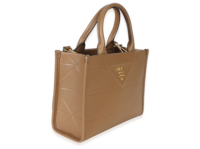 Mini tote Prada in pelle di vitello morbida beige scuro Triangolo Symbole Marrone - vista 4