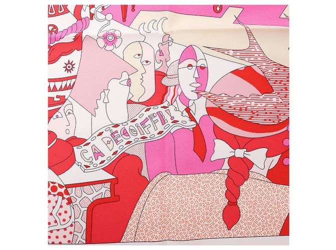 Foulard in seta Hermès Carré 90 "CA DECOIFFE" Rosa - vista 9