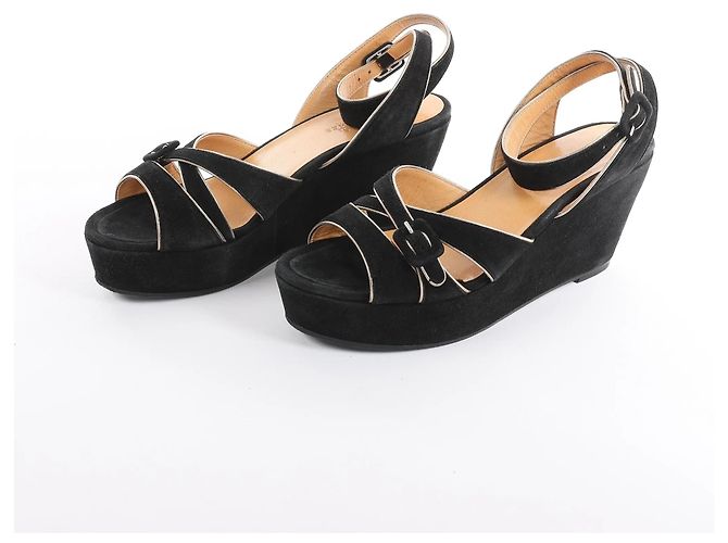 Hermès Sandali HERMES con zeppa in pelle e scamosciato neri, Taglia 37 EU Nero - vista 2