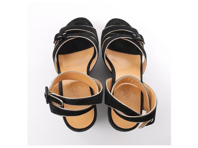 Hermès Sandali HERMES con zeppa in pelle e scamosciato neri, Taglia 37 EU Nero - vista 9