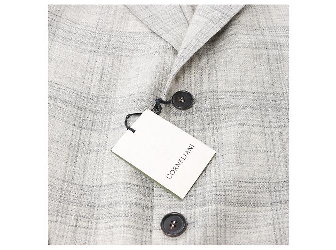 Corneliani Single-Breasted Check Wool Coat in Gray, Size 52 IT Brown - view 3