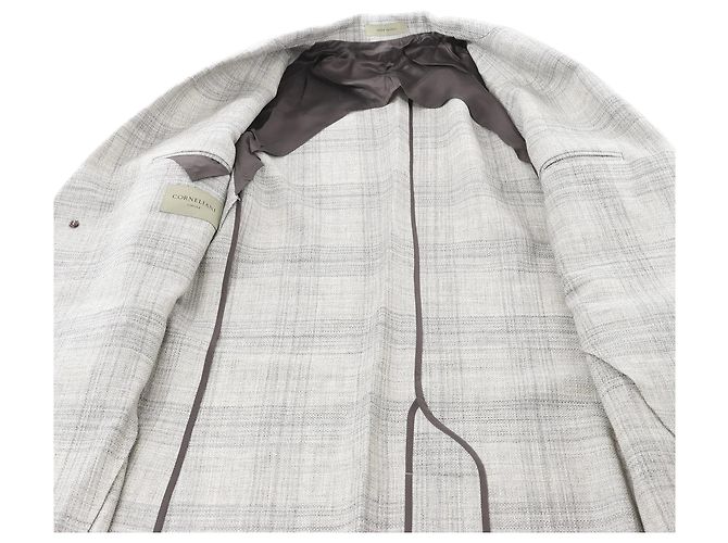 Corneliani Single-Breasted Check Wool Coat in Gray, Size 52 IT Brown - view 7