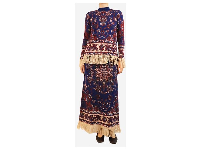 Paco Rabanne Set in maglia 3 pezzi blu navy e rosso, top, gonna e cappuccio - taglia S - vista 4