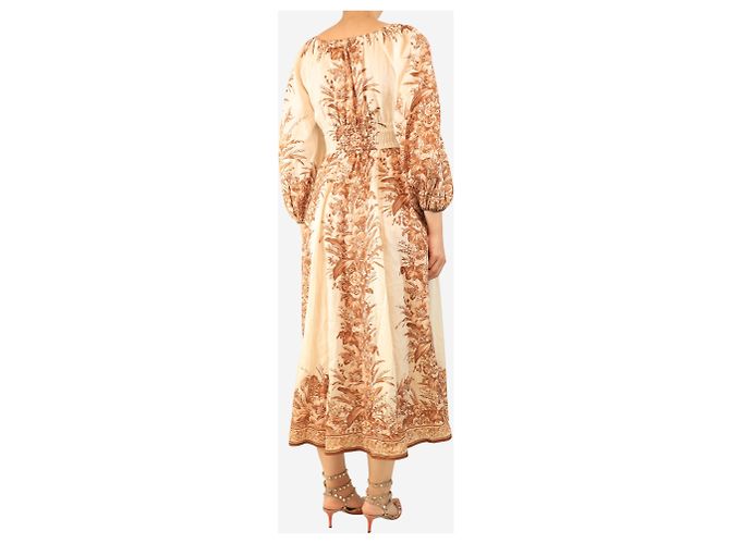 Zimmermann Midikleid aus Leinen mit neutralem und braunem Blumenmuster - Größe UK 8 - Ansicht 2