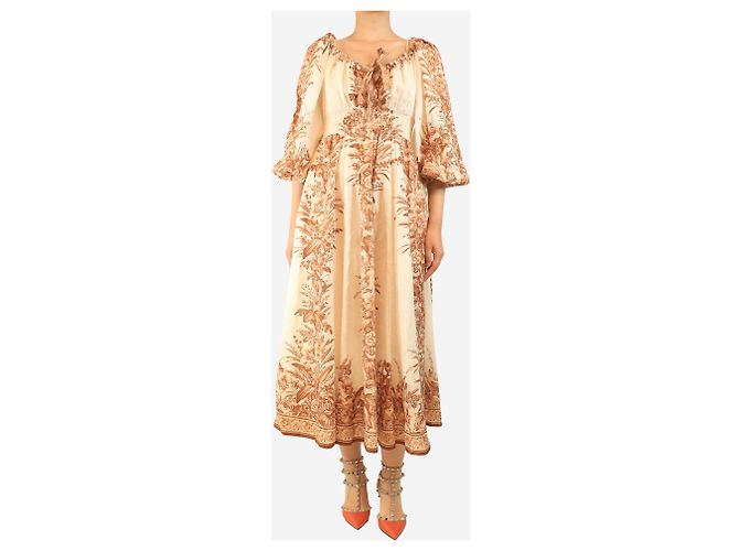 Zimmermann Midikleid aus Leinen mit neutralem und braunem Blumenmuster - Größe UK 8 - Ansicht 3