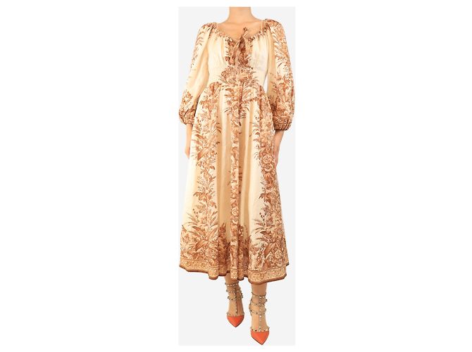 Zimmermann Midikleid aus Leinen mit neutralem und braunem Blumenmuster - Größe UK 8 - Ansicht 4