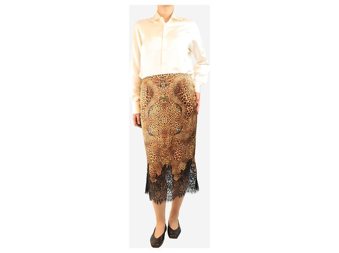 Camilla Falda de seda marrón con estampado de leopardo y ribete de encaje - talla L - vista 2