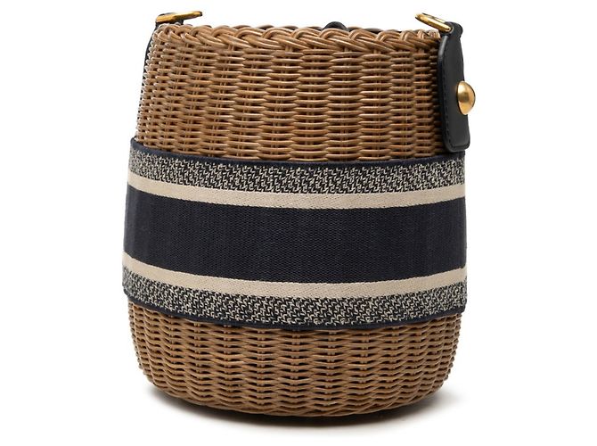 Borsa bucket in vimini Dior Oblique Christian Dior Beige Blu navy - vista 2
