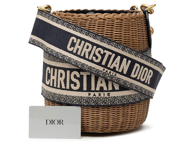 Borsa bucket in vimini Dior Oblique Christian Dior Beige Blu navy - vista 7