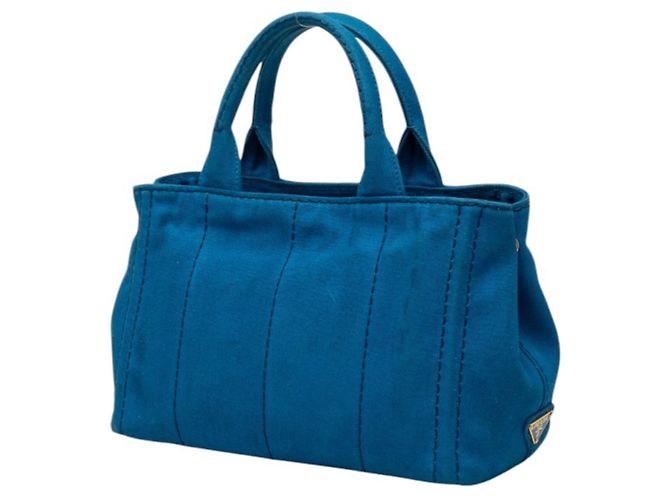 Borsa a mano in canapa con logo triangolo Prada Blu - vista 2