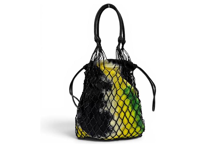 Prada 1BC072 Triangle Logo Leder Mesh Tote Bag Schwarz Gelb - Ansicht 2
